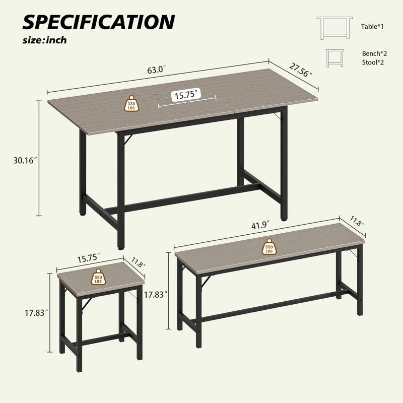 Ensemble de table de salle à manger extensible, table de cuisine avec 2 bancs, 2 tabourets, Gray / Black, Gray, Gray