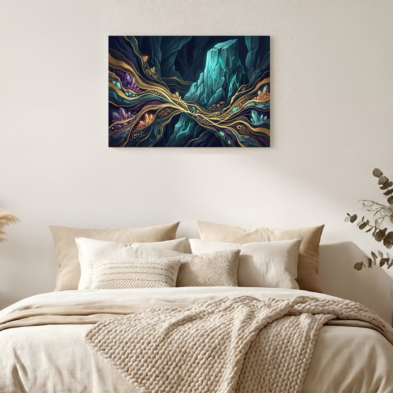 Art mural sur toile "Blue Crystal Cave" avec veines dorées et fossiles, 12"H x 18"W