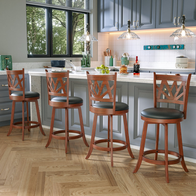 Tabouret pivotant rembourré avec structure en bois massif, Brun, Tabouret de comptoir (siège d'une hauteur de 24 p