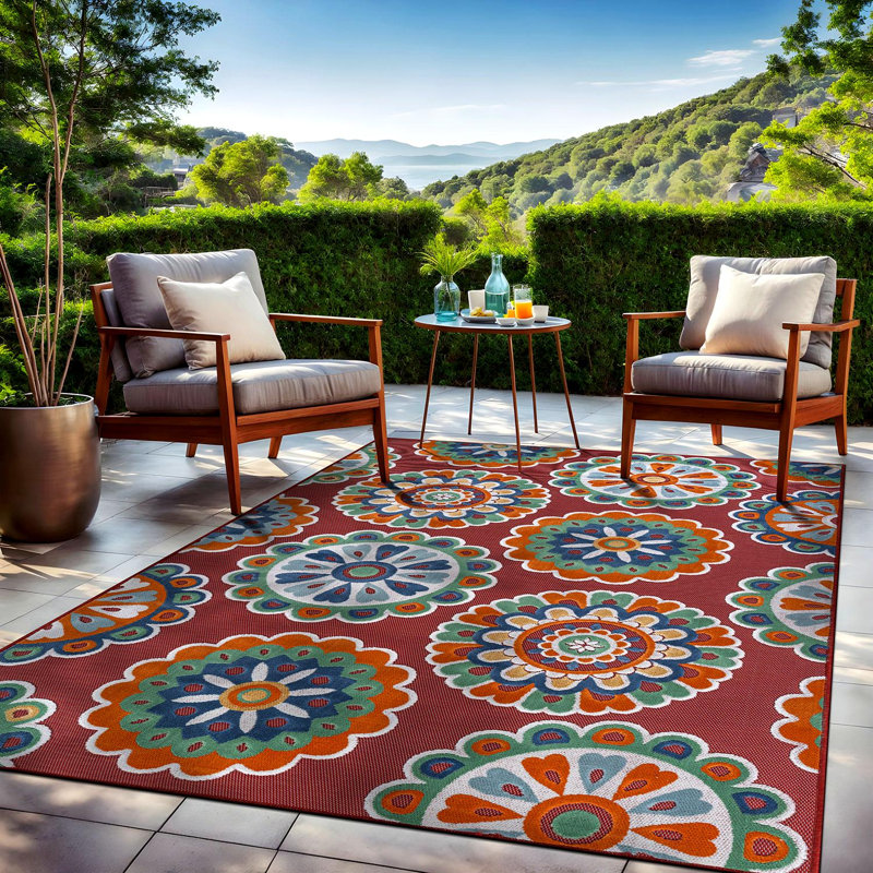 Tapis floral d'intérieur pour l'extérieur, Red, Rectangle 9' x 12'