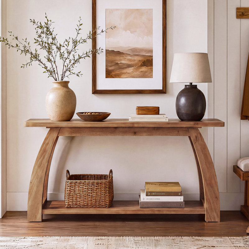 63" Solid Wood Console Table, Farmhouse Entryway Table with 2-Tier Open Storage