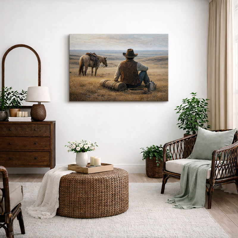 Cowboy et cheval, Toile tendue, H 12 po x l 18 po x P 1,5 po