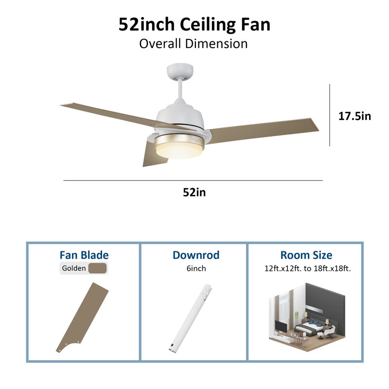 Gasparas 52'' Ceiling Fan with LED Lights, Champagne, White