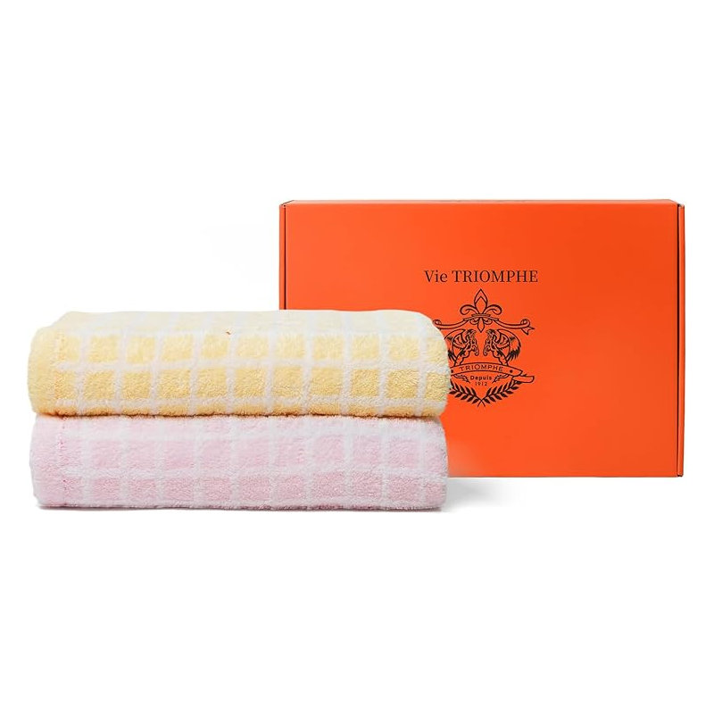 Set of 2 Zero-Twist Yarn Bath Towels with Checkered Embroidery