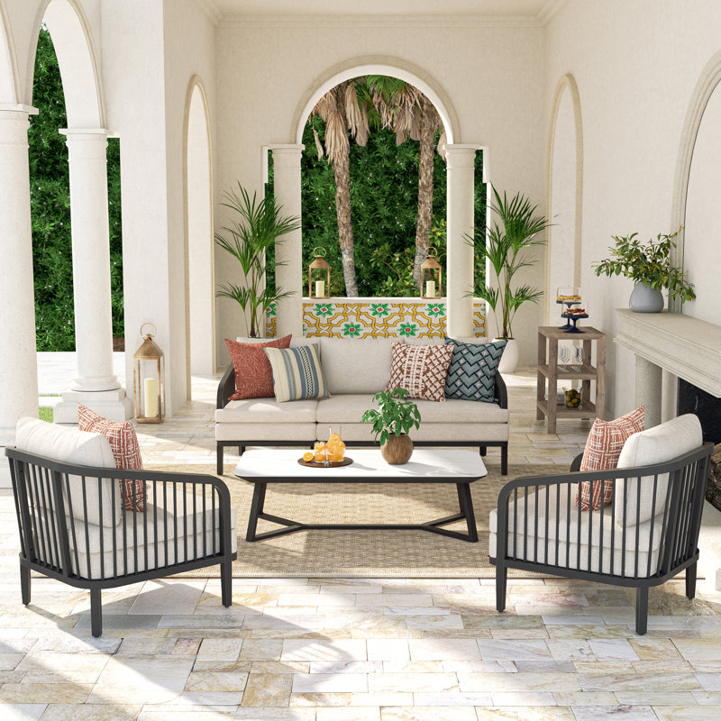 Asheville Patio Aluminum 5 Person Conversation Set With Sintered Stone Coffee Table