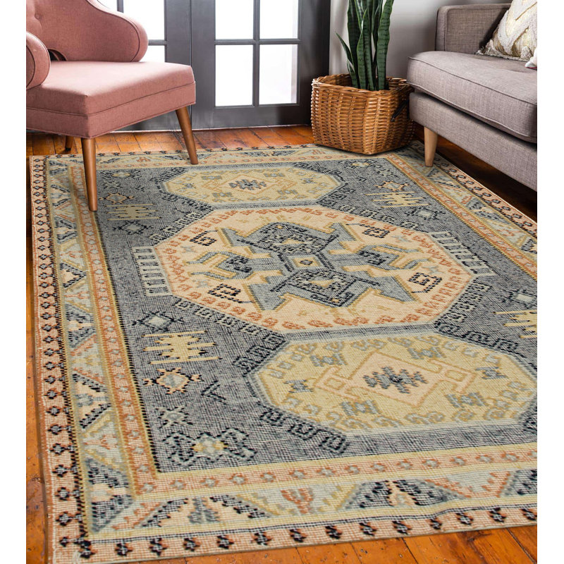 Tapis bleu en laine noué à la main Craigatempin, Rectangulaire 8 pi x 10 pi