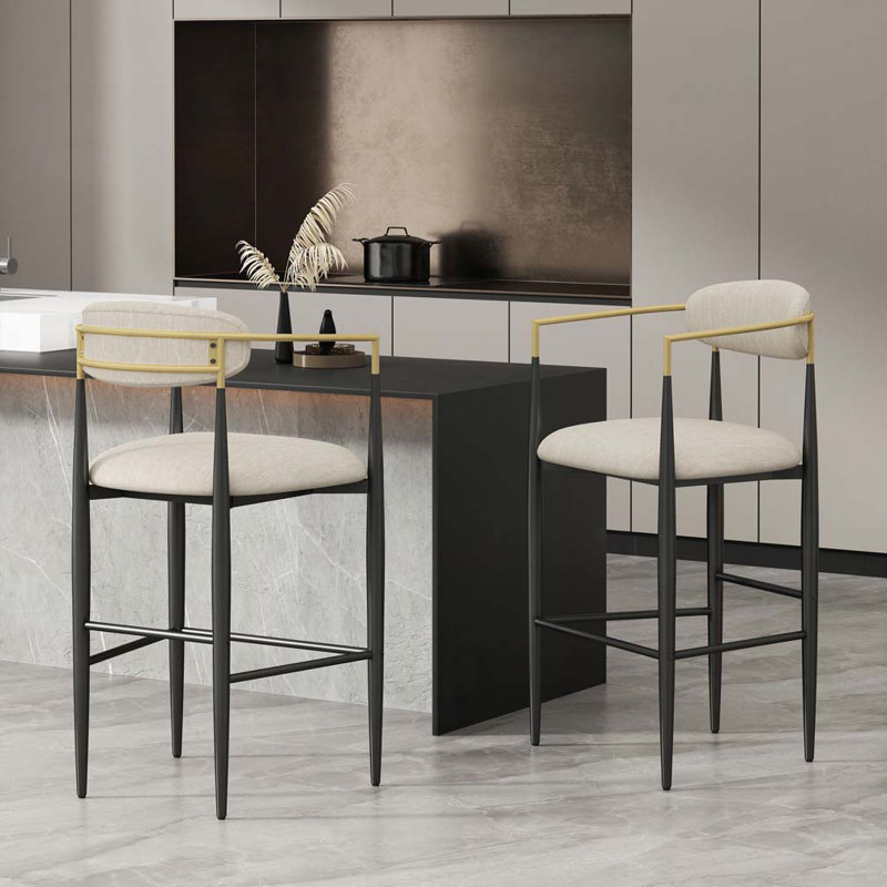 Counter Height Upholstered Bar Stools with Back for Kitchen Island, Black, Fabric-Beige 