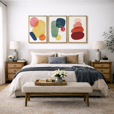 Abstrait aux couleurs vives, "Boho Bold Bright Circle Art", images murales géométriques colorées et modernes, impression sur toile encadrée, 3 pièces, art mural "16" x 24 "x 3 pièces, 24" x 36 "x 3 pièces