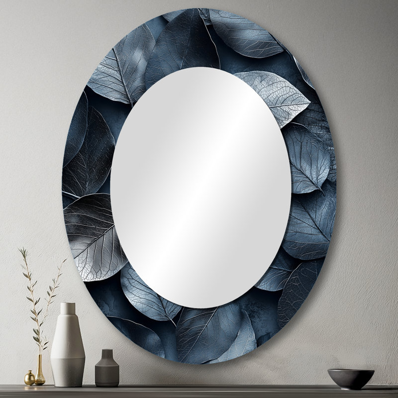 Pewter Leaves - Grand miroir mural ovale sur métal, 43 po x 33 po