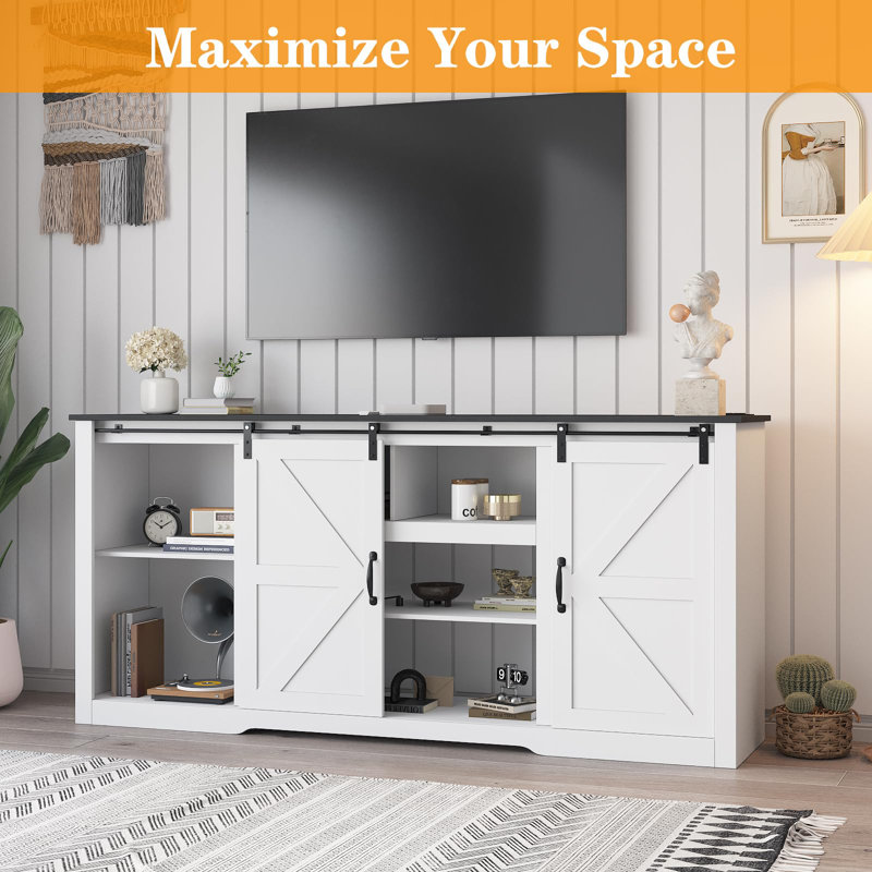 70" Farmhouse TV Stand for 80" TVs, Entertainment Center with Sliding Barn Door, Adjustable Shelves & Charging Ports