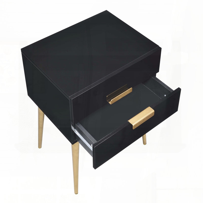 Black and Gold Side Table with 2 Drawers – Tapered Gold Legs, Black/Gold