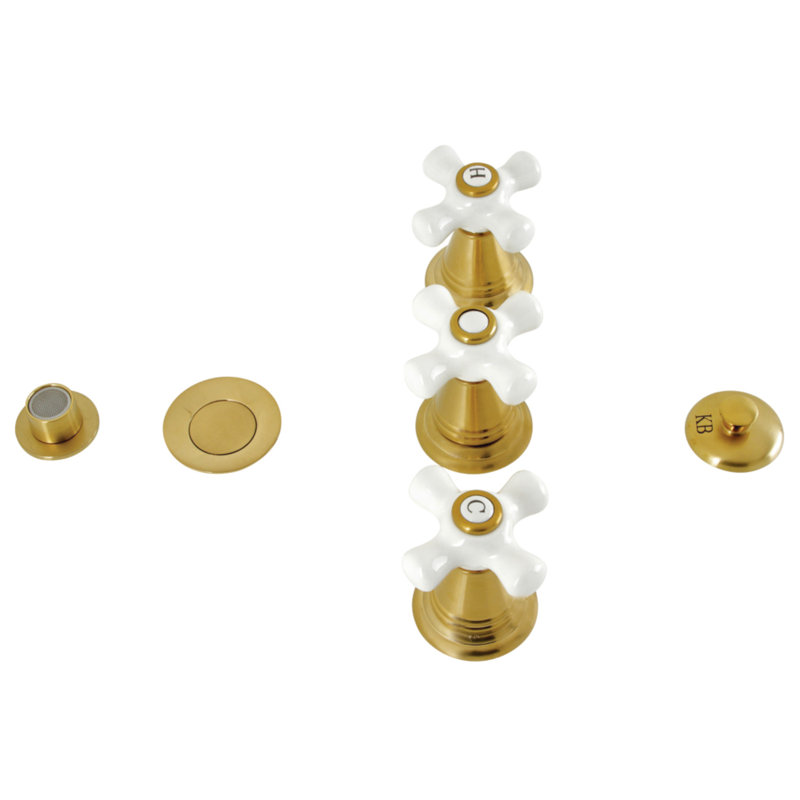 Kingston Brass Victorian Three-Handle Vertical Spray Bidet Faucet with Brass Pop-Up, Brushed Brass
