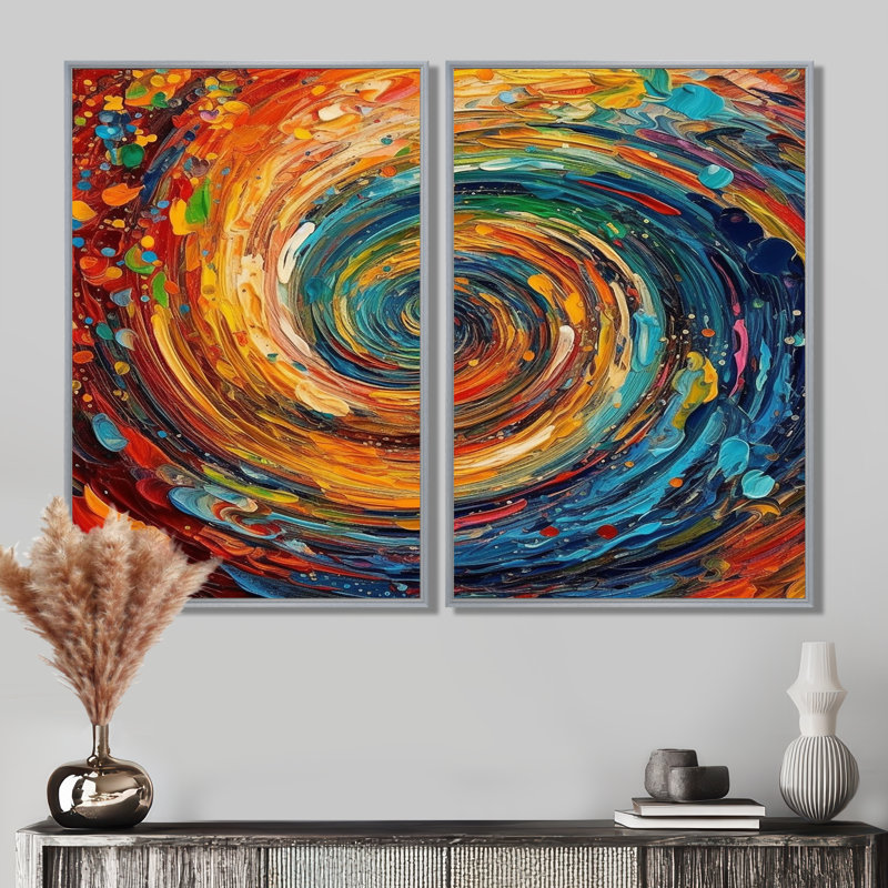 Yellow Orange Transcendent Liquid Ink - Yellow Art Prints On Canvas 2 Pieces, Floater Framed Print, Silver, 36'' H x 48'' W