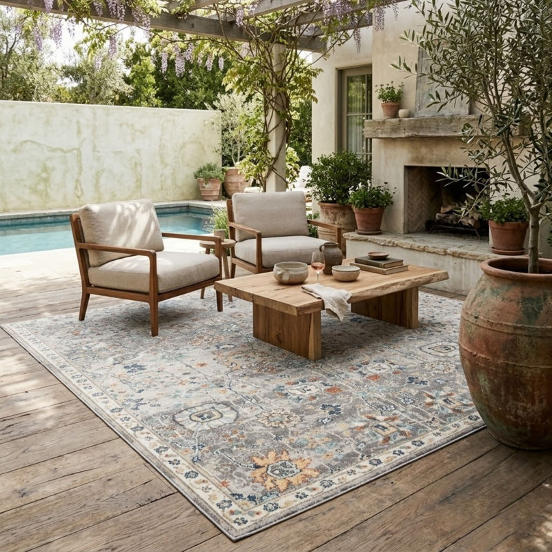 Genevrier Vintage Boho Medallion Distressed Indoor/Outdoor Area Rug, Rectangle 5'1" x 7'6"