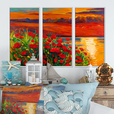 Coquelicots rouges par l'océan pendant le coucher du soleil - 3 pièces, peinture sur toile