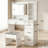 White Vanity Desk with Sliding Lighted Mirror, Power Outlet, Drawers, and Stool