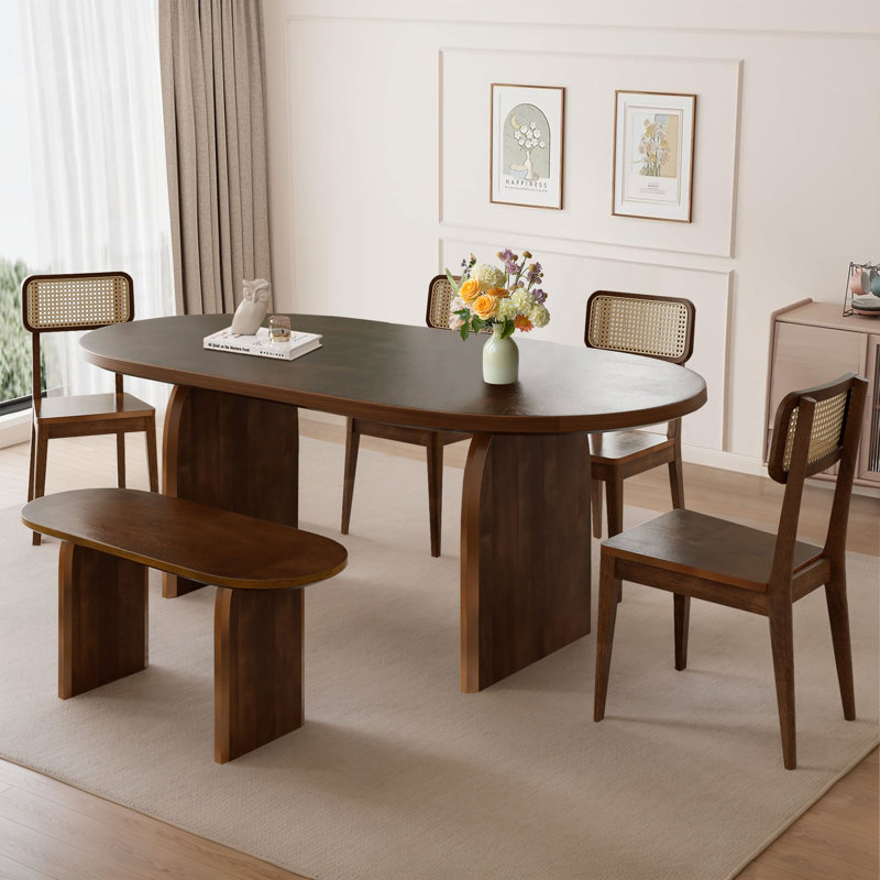 6-Piece Oval Dining Table Set with a Bench and 4 Rattan-back Chairs, Brown