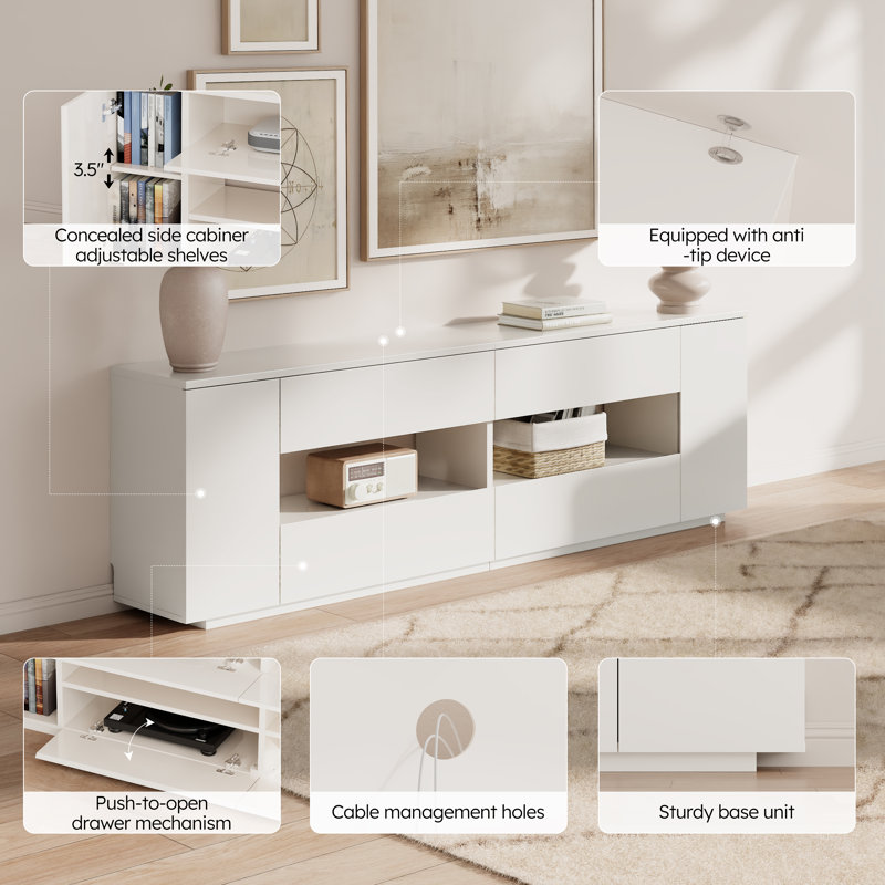 71"  TV Stand Media Console with Multi Storage Drawers & Open Cubbies for 45-70 Inch TVs, White