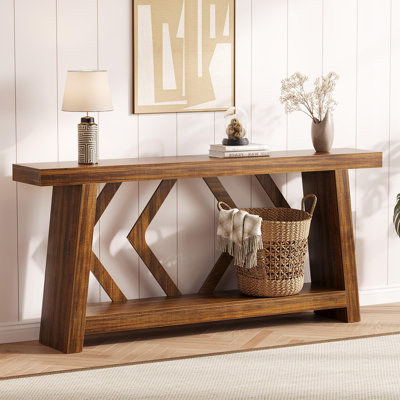 70.9" Farmhouse Console Table, 2-Tier Extra Long Narrow Sofa Table with Trapezoid Legs for Entryway