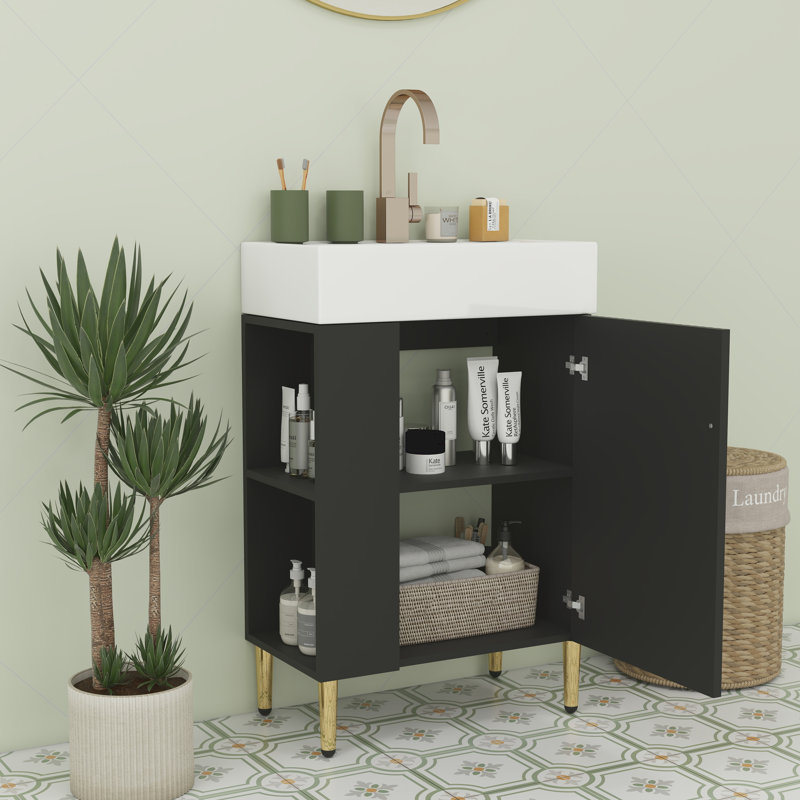 Meuble-lavabo en bois 21,6 po, Noir et or