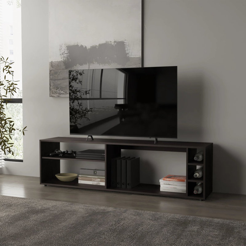 Meuble télé Wengue pour écran de 70 po avec rangement ouvert et finition en mélamine, Wenge