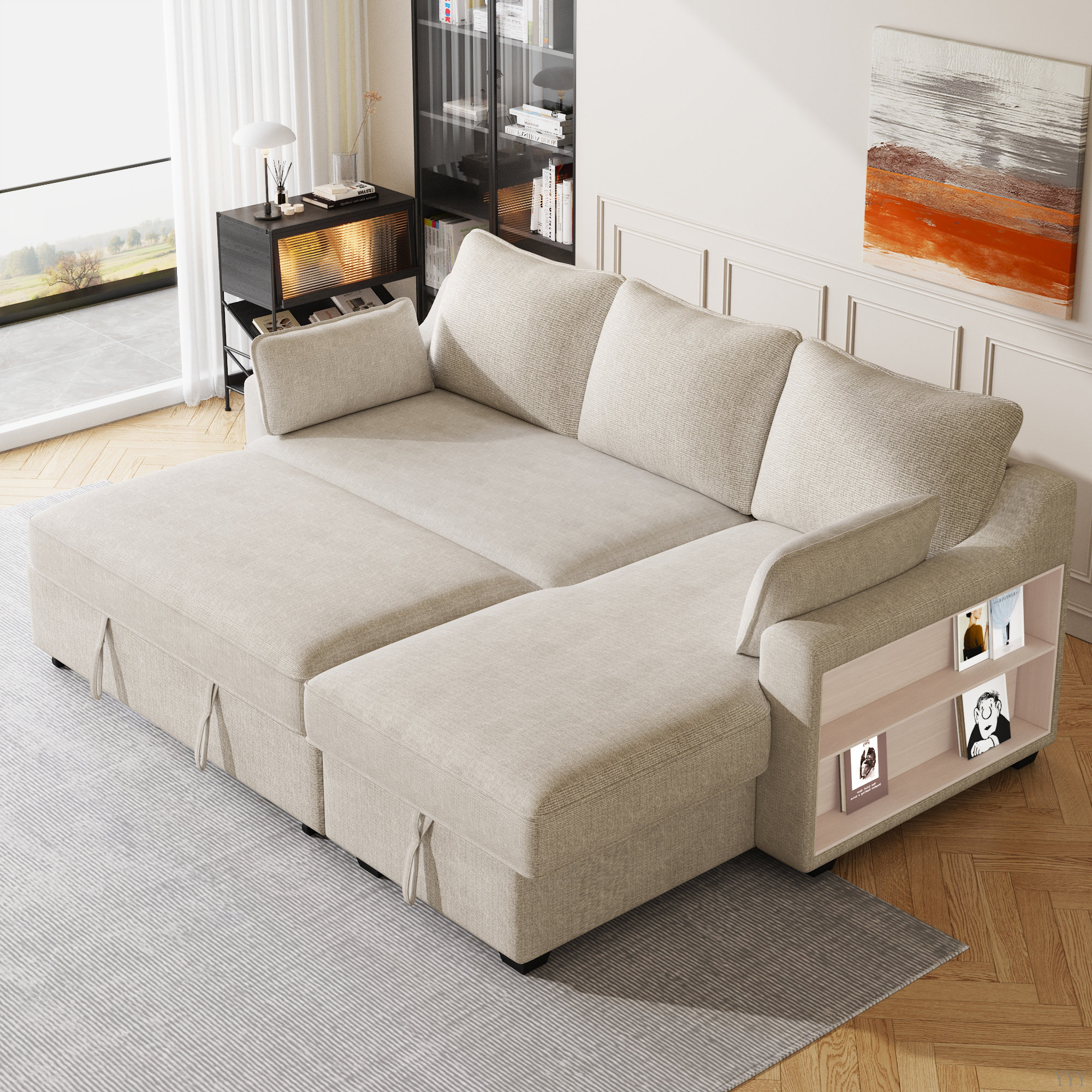 Latitude Run® 90" Pull Out Sleeper Sofa L-Shaped Couch Convertible Sofa ...