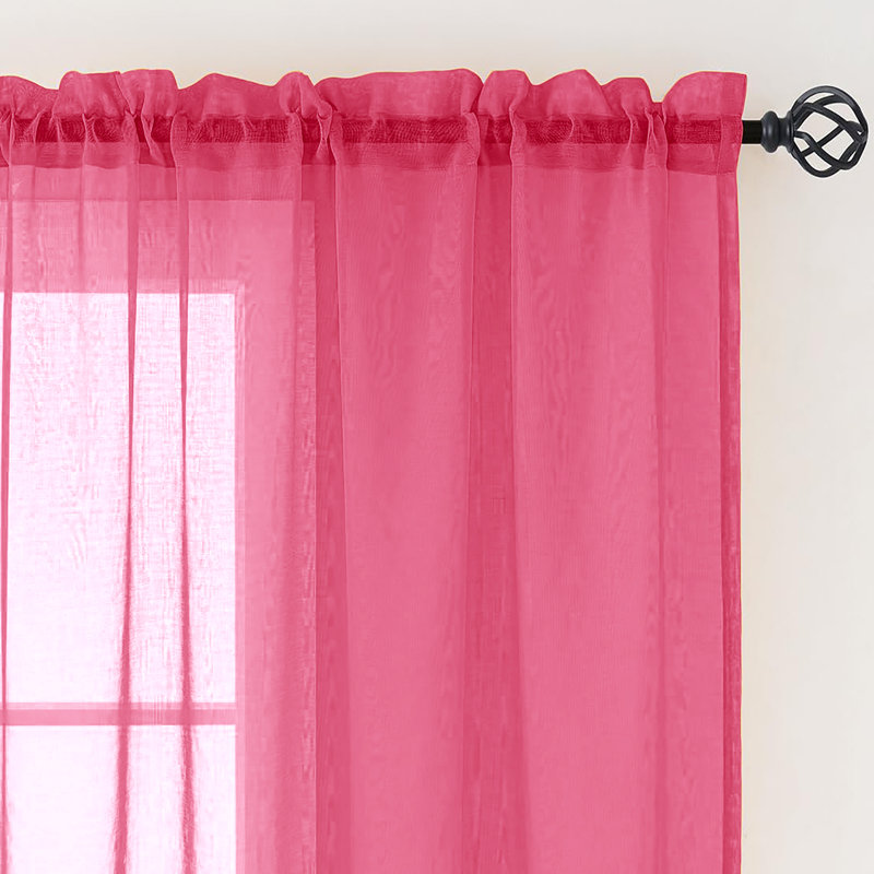 Sheer Window Rod Pocket Curtain Set 84" Inches Long (2 Panels), Hot Pink
