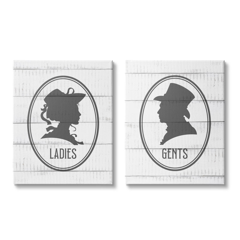 «Vintage Lady Gents Restroom Rustic Sign Silhouettes» par Kim Allen, L 10 po x H 15 po, Toile tendue