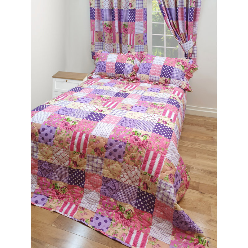 PATCHWORK BEDSPREAD T/O SET Eira 132 TC, Kingsize - 2 Standard Shams, Blue/Pink/White