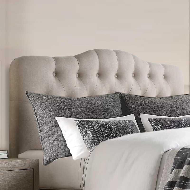 Tête de lit tapissier en lin à hauteur réglable moderne, Beige, Grand lit