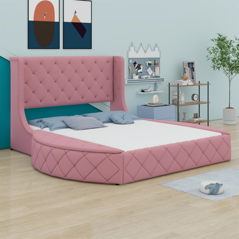 Lit plateforme tapissier avec tête de lit à oreilles et 1 grand tiroir, 2 tabourets de rangement latéraux, Rose