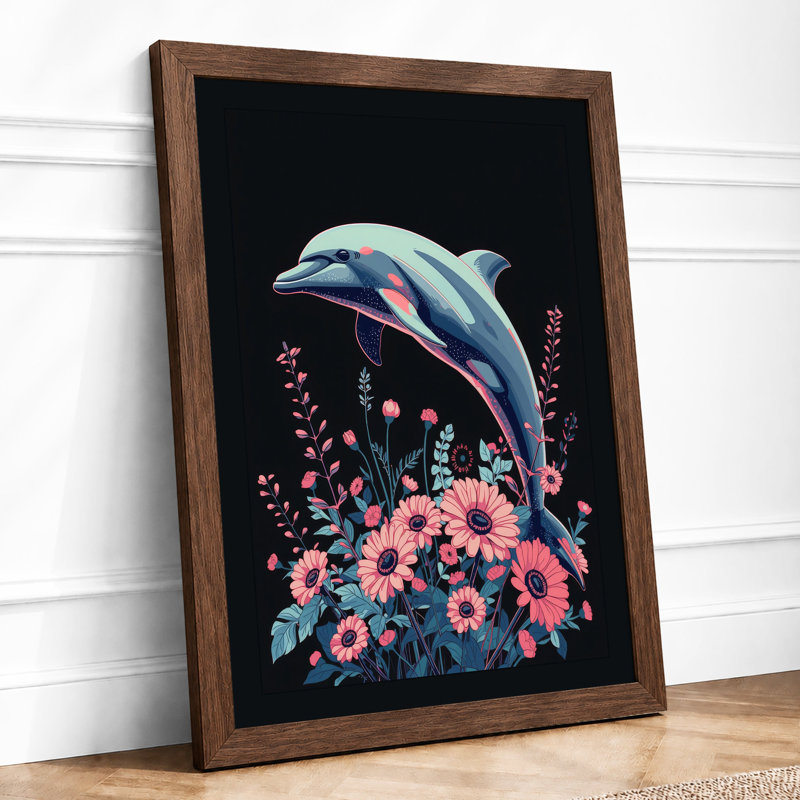 Dolphin Among Blooms Modern - Framed Print, Walnut, A3 - 42.0 x 29.7 cm