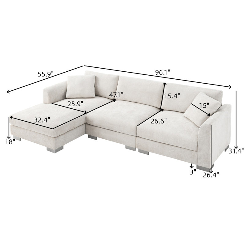 Ensemble de canapé modulaire en forme de L avec 2 coussins gratuits Modern Cloud Modern, Chenille blanche