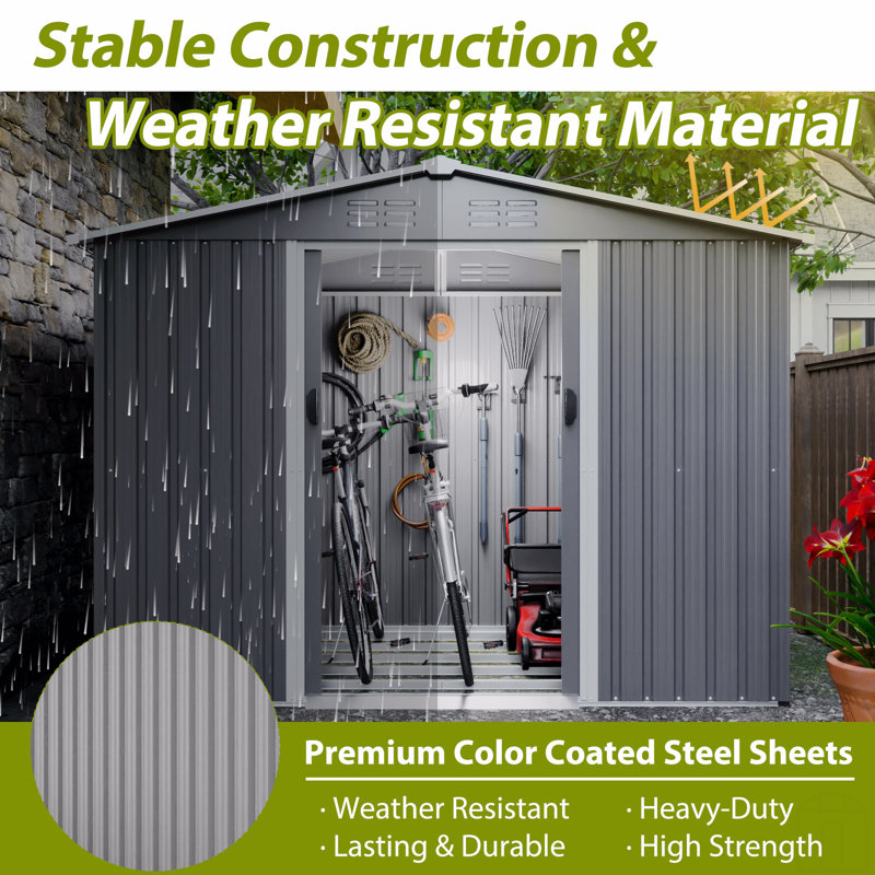 8X6 FT Outdoor Tool Storage Shed With Metal Foundation & Lockable Doors,  All Weather Metal Sheds, Gray