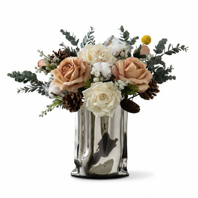 Artificial Flowers In Vase, Faux Rose Arrangement With Silver Metallic Vase, Fake Floral Centerpiece With Eucalyptus For Dining Table, Living Room Decor