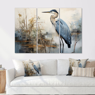 Blue Great Heron In Miminal Harmony II - Heron Animal Wall Art Print Set