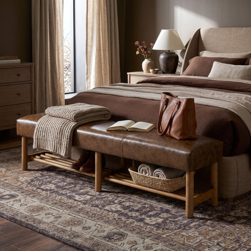 Banc de chambre 70,9 po en similicuir rembourré avec tablette de rangement à lattes, banc de bout de lit en bois massif pour chambre à coucher et vestibule