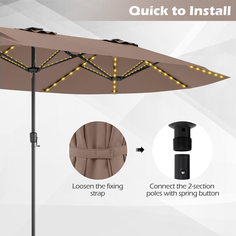 Parasol de terrasse à double face 15,5 pi avec lumières solaires extérieures, Coffee