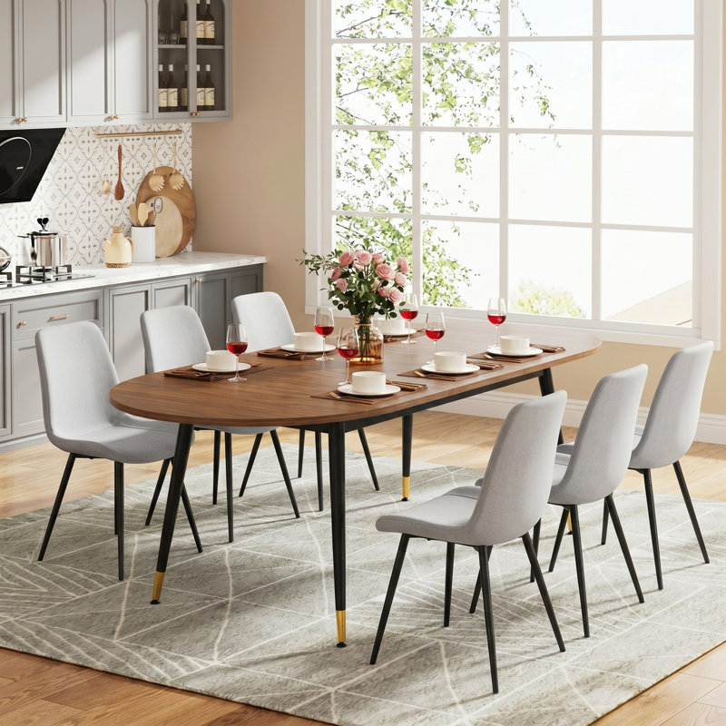 7-Piece Mid-Century Modern Extendable Round-to-Oval Dining Set with Upholstered Chairs, Light Gray