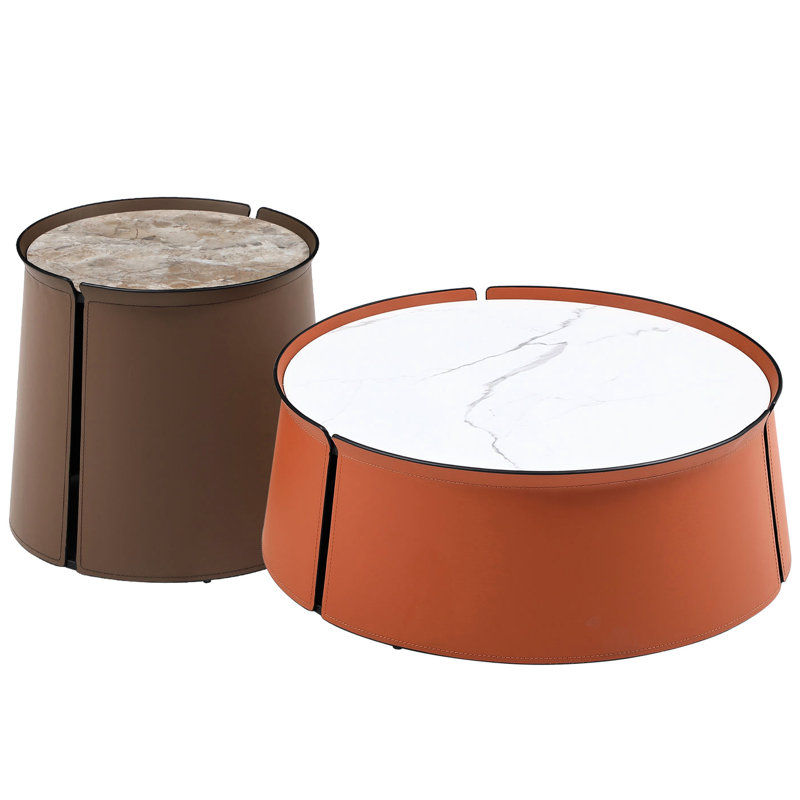 31.5Inch Coffee Table, Marble & Orange Saddle Leather, Iron Frame Worth Table With Significance And