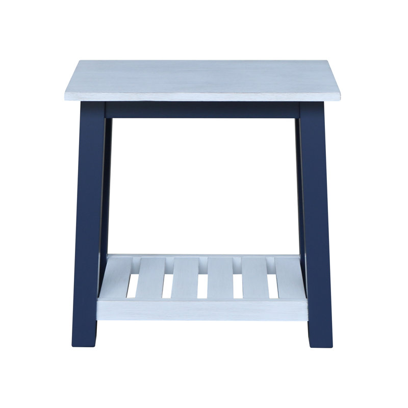 Solid Wood End Table, Antiqued Chalk Top/Blue Base
