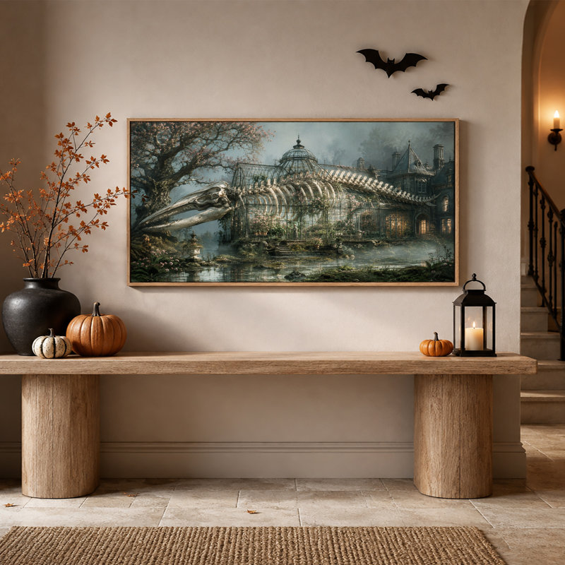Serre en forme de squelette de baleine avec fleurs roses et toile murale d'Halloween, L 46 po x H 24 po