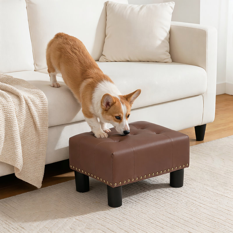Upholstered Foot Stool Ottoman, PU Leather Tufted Footstool Footrest With Padded Seat For Living Room Bedroom, Brown