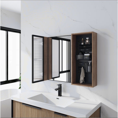 Armoire de toilette 41,6 po avec rangement, armoire à pharmacie murale avec porte miroir, tablettes en verre réglables, contreplaqué