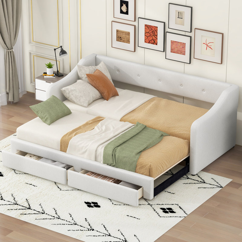 Beige Twin XL Upholstered Daybed Expands To King With Storage, Beige