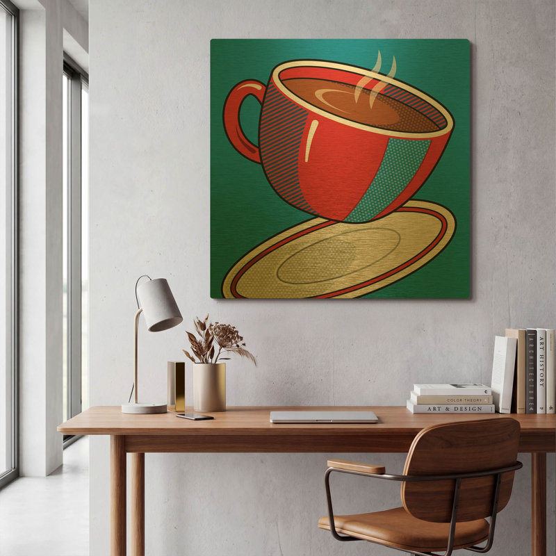 « Tasse de café rouge sur fond bleu », œuvre murale en métal doré de Ron Magnes, 91,4 cm x 91,4 cm, 36 po x 36 po