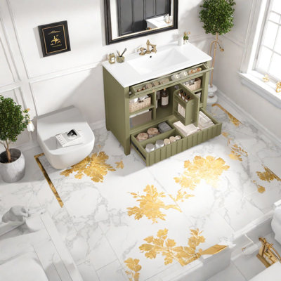 Meuble-lavabo multifonctionnel vert 36 po avec lavabo, bois massif et bois aggloméré