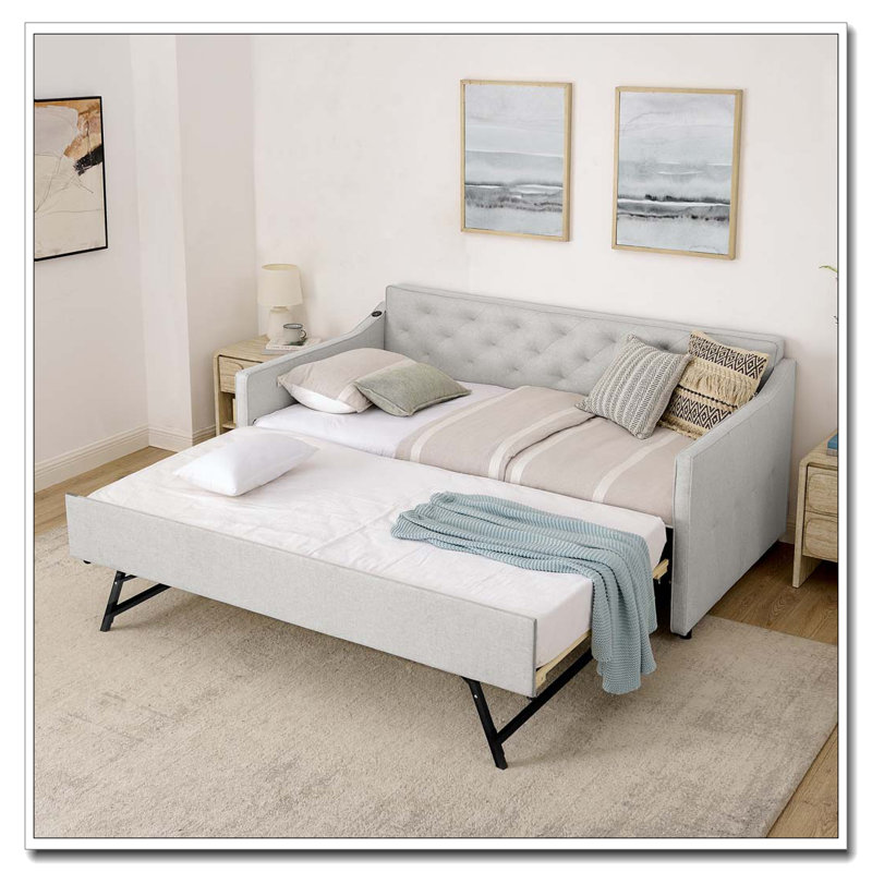 Twin Size Upholstery DayBed with Twin Size Pop-up Trundle and USB Charging