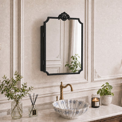 Armoire à pharmacie rectangulaire rétro 16 po x 24 po avec miroir, armoire de rangement murale pour salle de bain avec options de montage encastré / en surface, conception baroque rétro, bordure perlée noire, installation facile