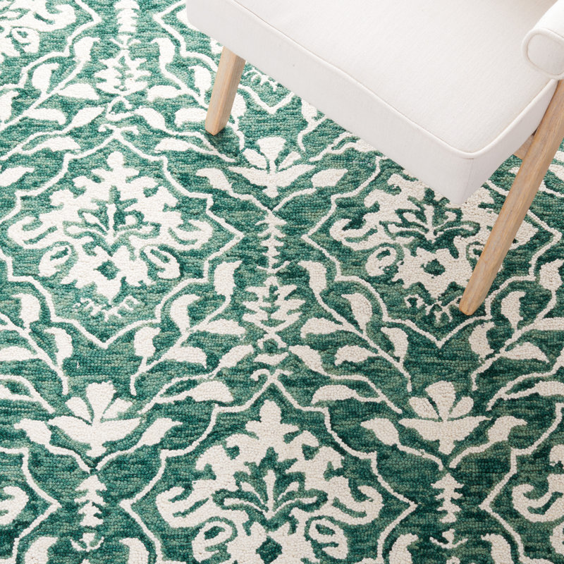 Tapis vert foncé / ivoire en laine touffeté à la main Evangely Damask, Rectangle 6 pi x 9 pi
